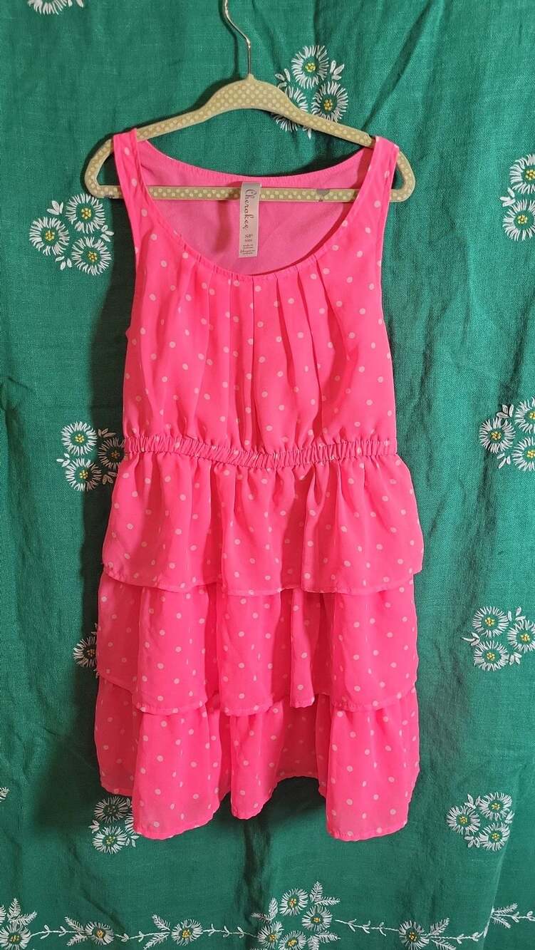 Summer Cherokee Girls Pink Polka Dot Tiered Ruffle Chiffon Dress Size S 6/6x